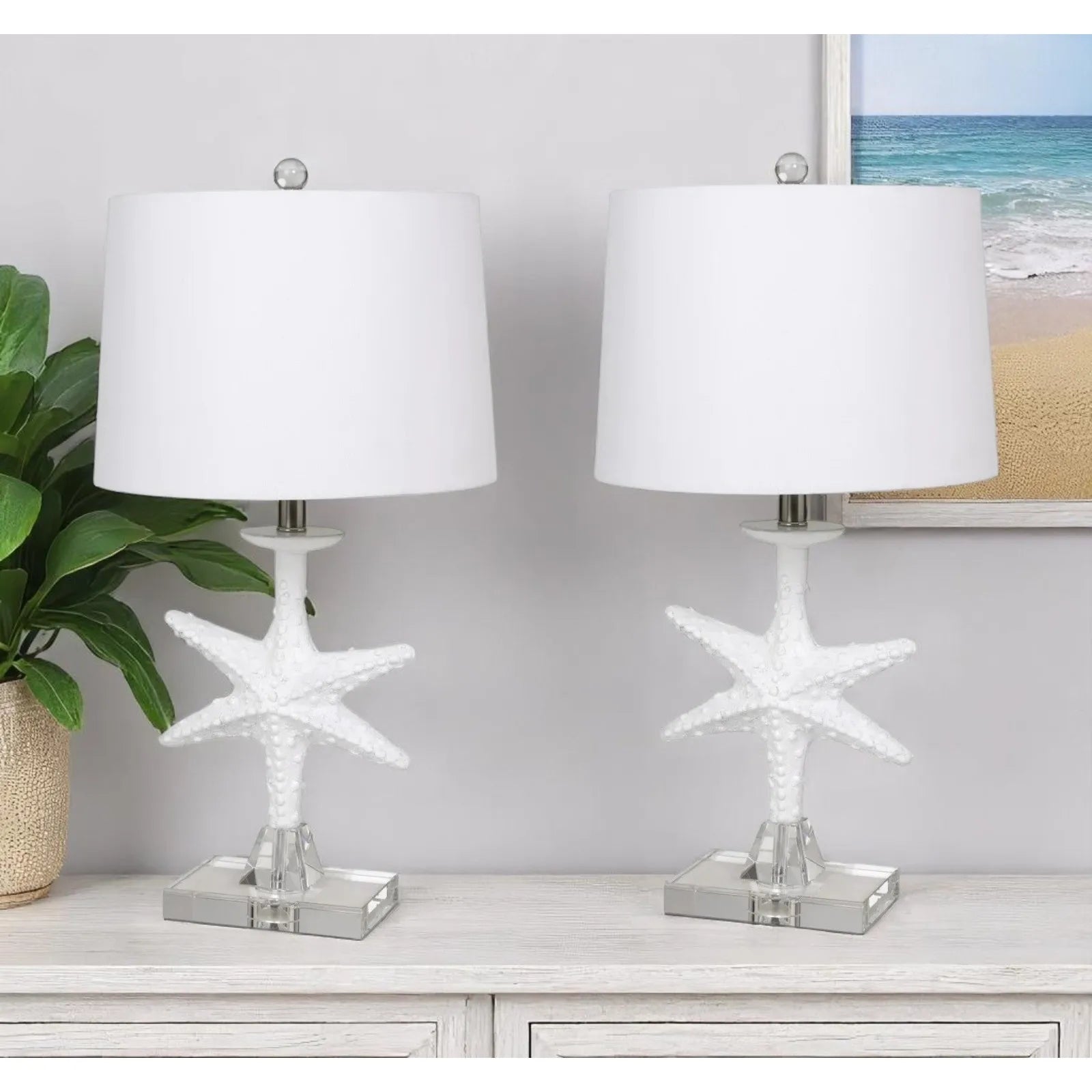 HMS Set of Two 28" Coastal Star Fish Table Lamps Clear & White with White Drum Shades - Loft&Timber