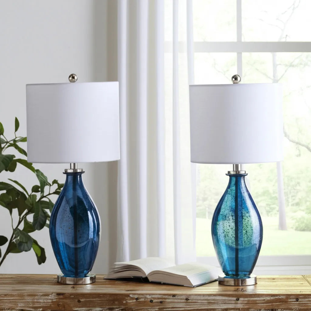 Set of Two 30" Blue Crystal and Glass Table Lamps with White Drum Shades - Loft&Timber