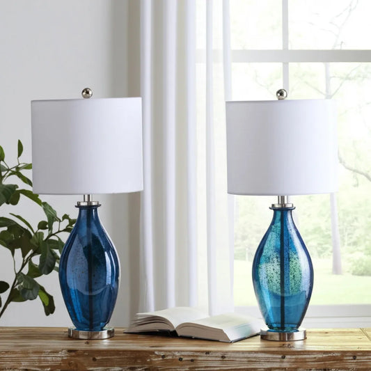 Set of Two 30" Blue Crystal and Glass Table Lamps with White Drum Shades - Loft&Timber