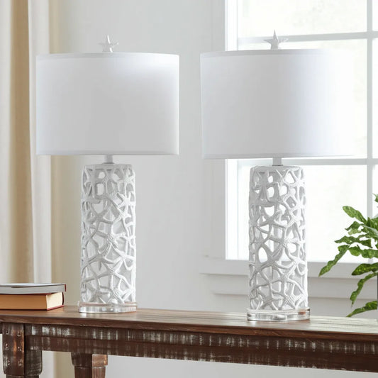 Set of Two 30" White Coastal Starfish Table Lamps with White Drum Shades - Loft&Timber