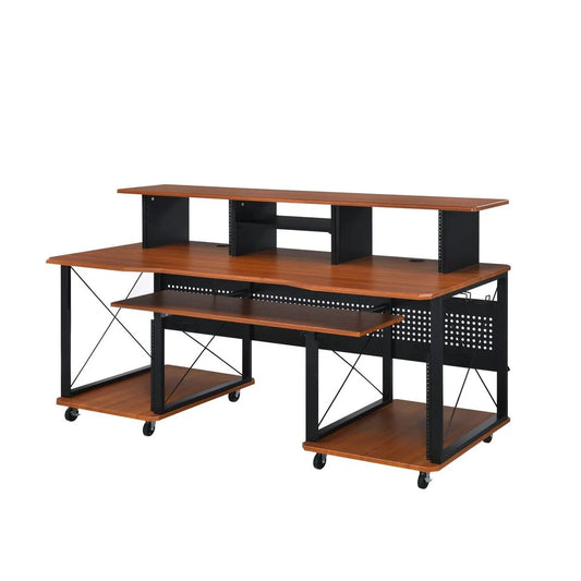 HMS 72" Brown and Black Wood and Metal Rolling Computer Desk - Loft&Timber