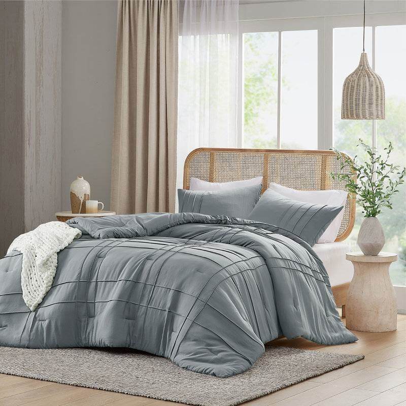 King size Pleated Pre-Washed Microfiber Comforter Set in Blue Grey - Loft&Timber