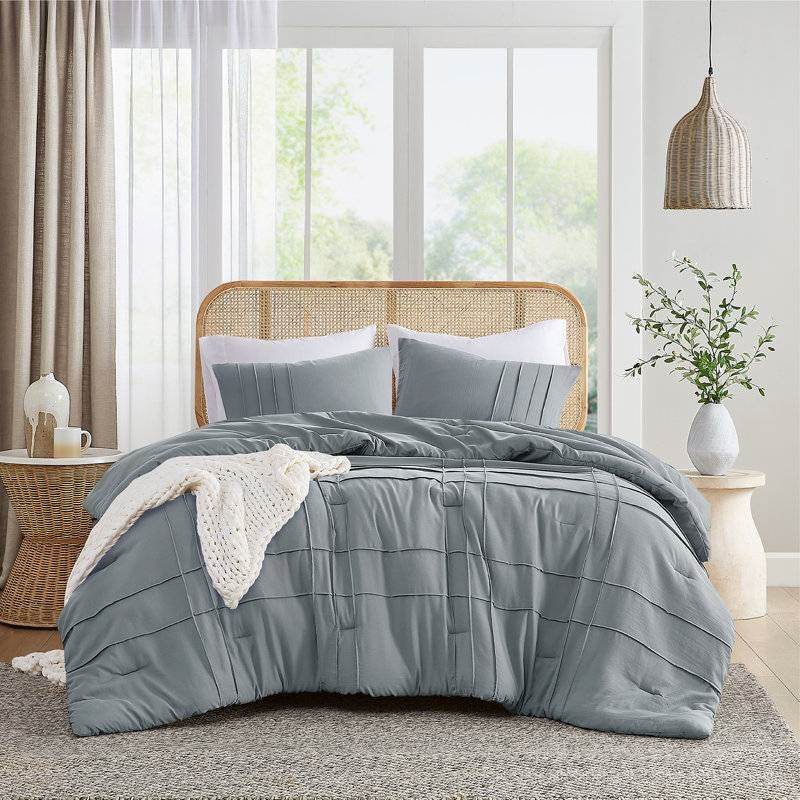 King size Pleated Pre-Washed Microfiber Comforter Set in Blue Grey - Loft&Timber