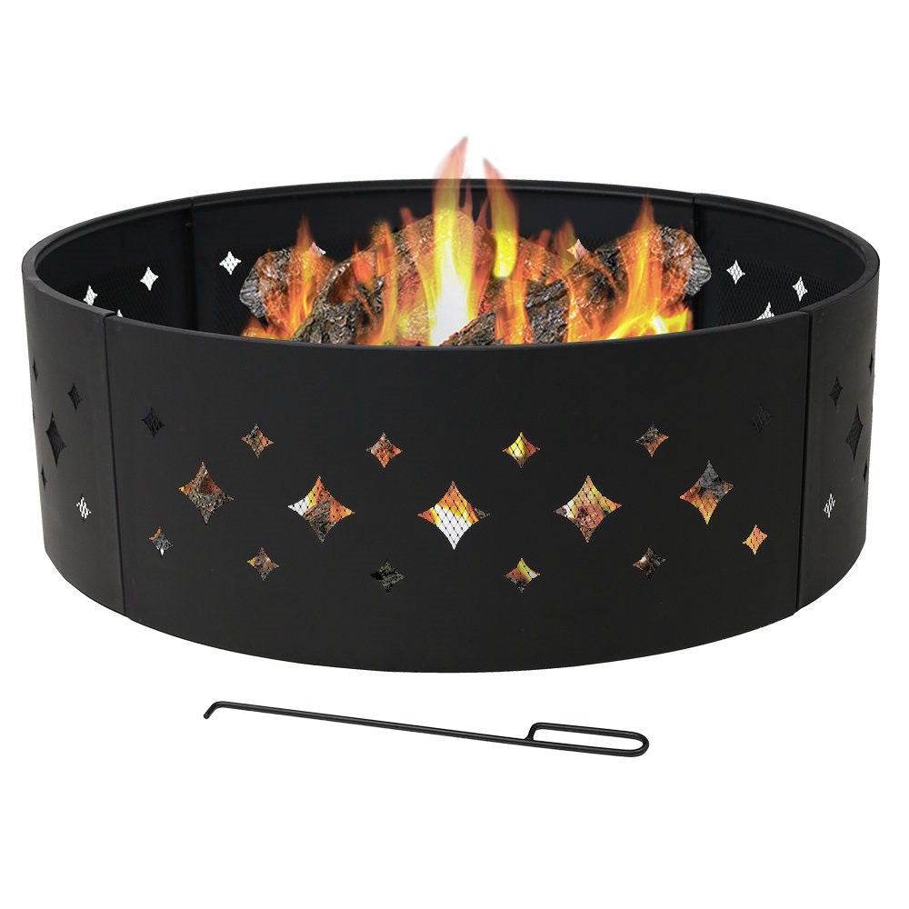 Heavy Duty 36-inch Black Steel Fire Pit Ring with Diamond Pattern - Loft&Timber