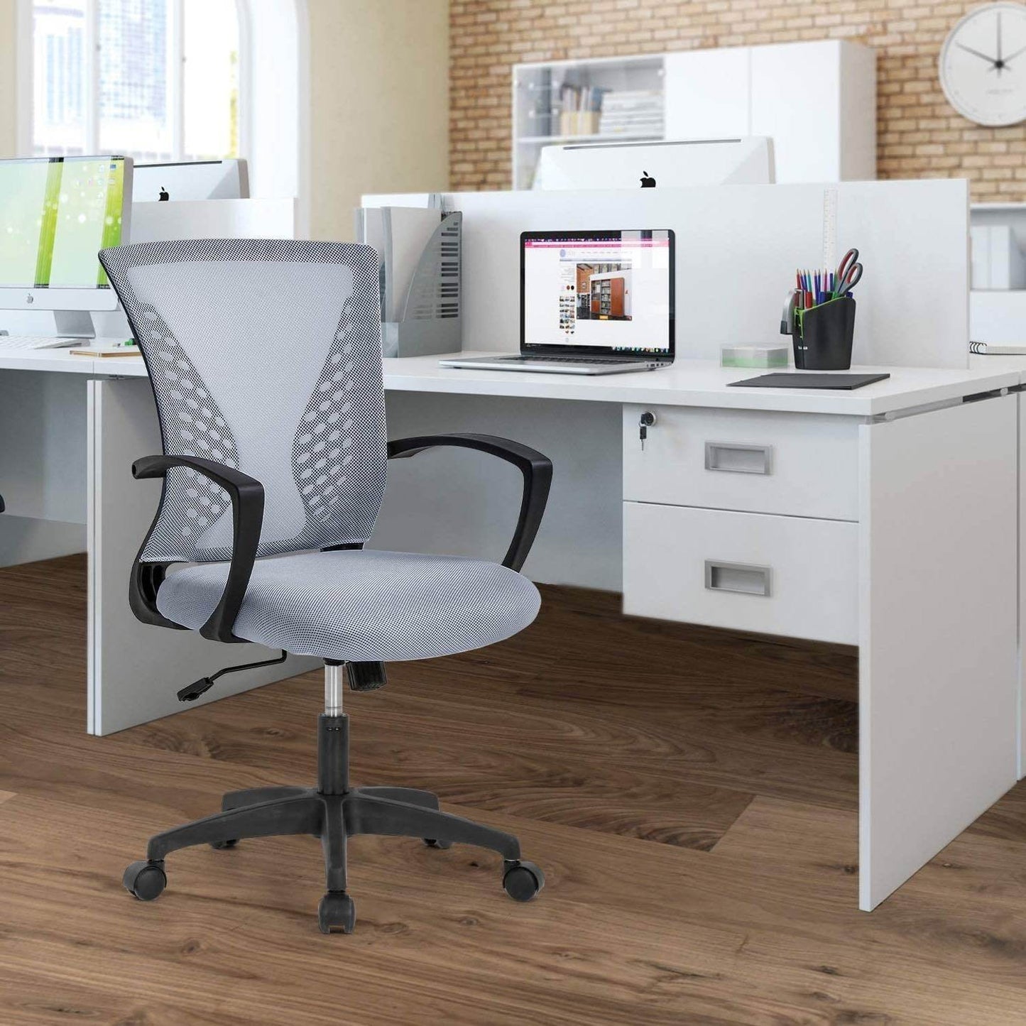 Gray Modern Mid-Back Ergonomic Mesh Office Desk Chair with Armrest on Wheels - Loft&Timber