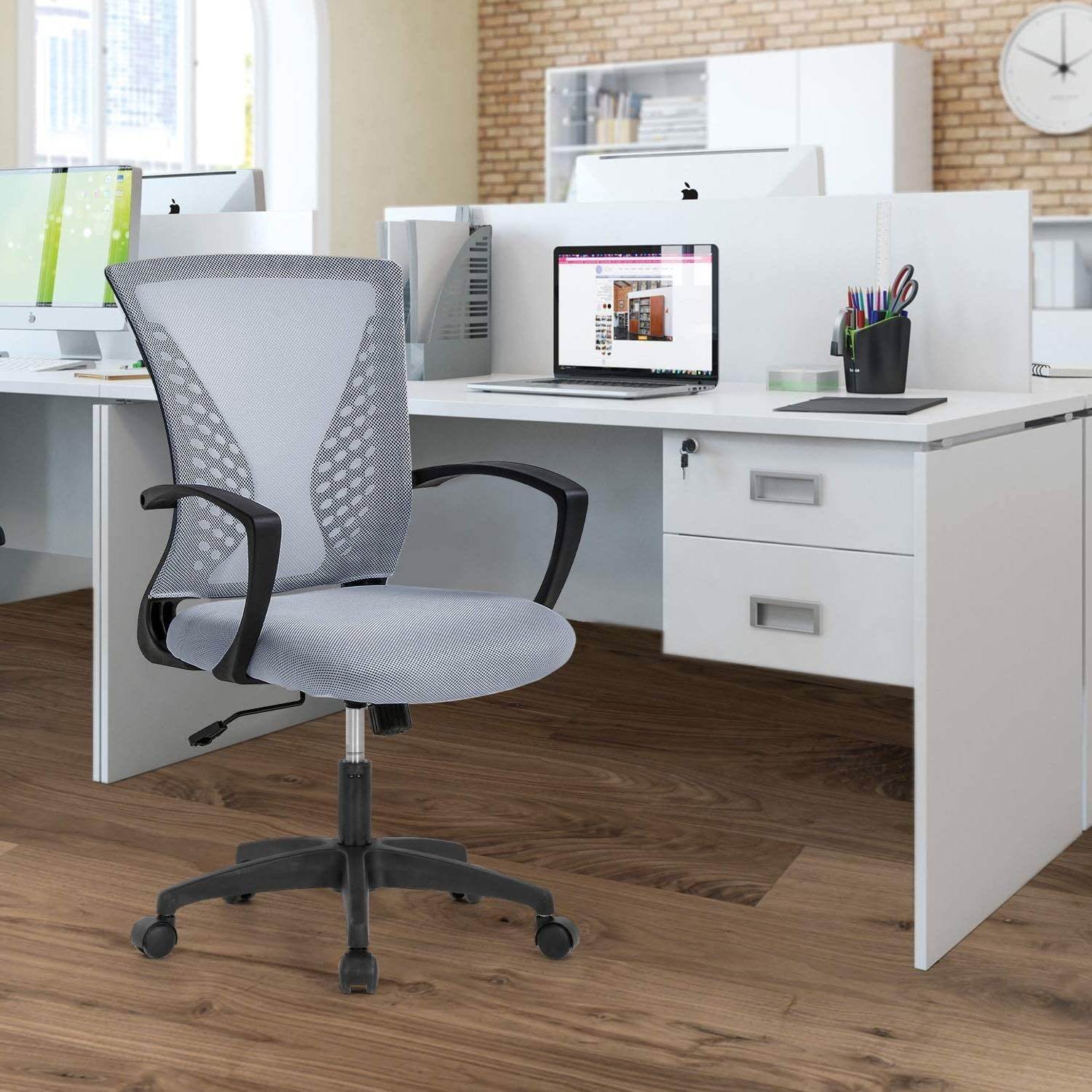 Gray Modern Mid-Back Ergonomic Mesh Office Desk Chair with Armrest on Wheels - Loft&Timber