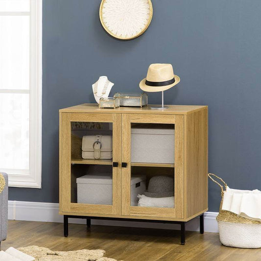Modern Glass Door Sideboard Buffet Dining Storage Cabinet in Oak Wood Finish - Loft&Timber