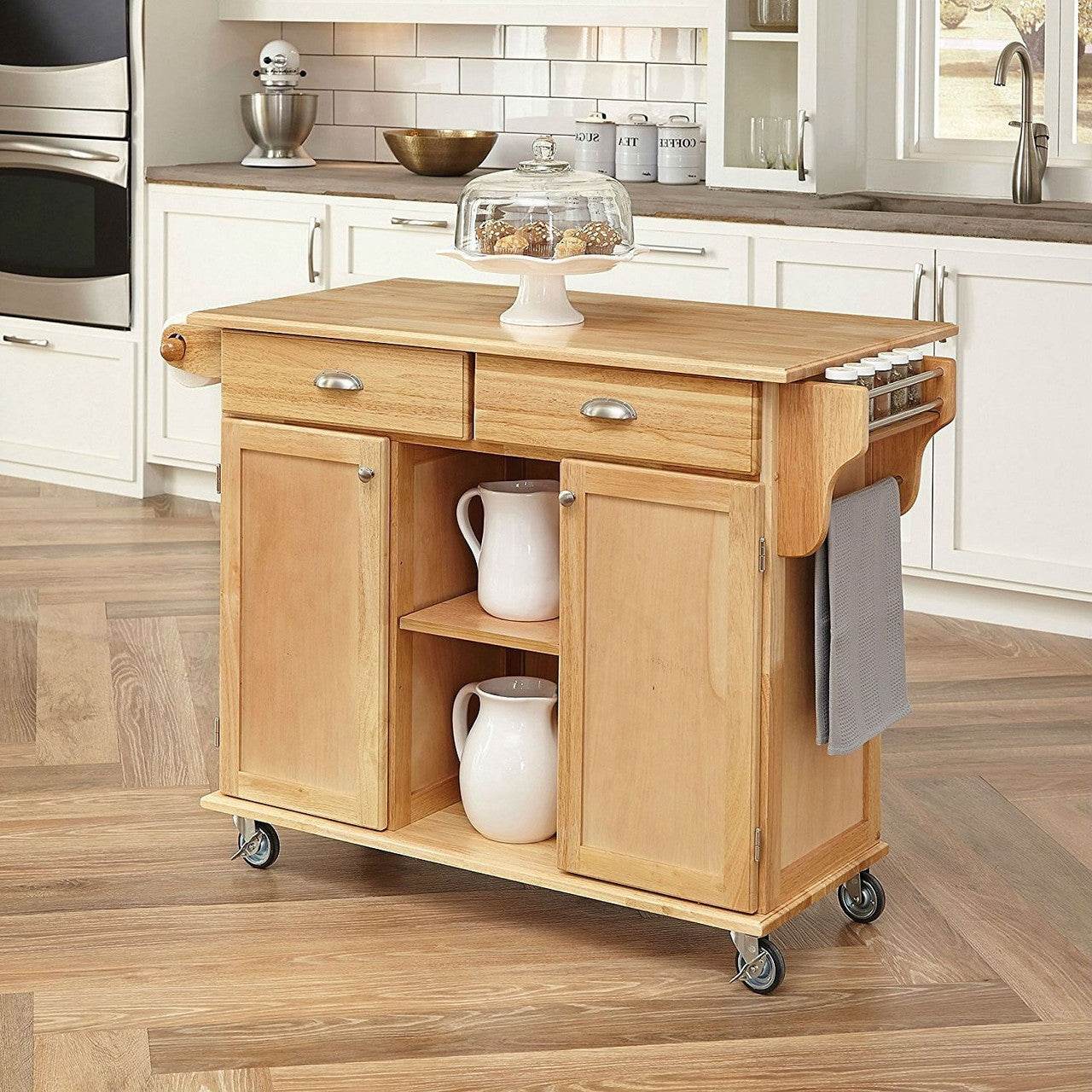 Natural Wood Finish Kitchen Island Cart with Locking Casters - Loft&Timber