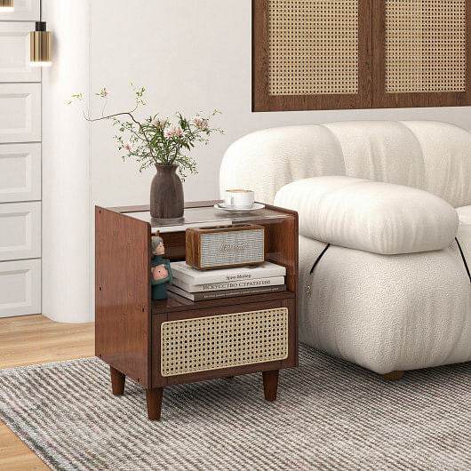 Bamboo Rattan Nightstand with Drawer and Solid Wood Legs-Natural - Loft&Timber