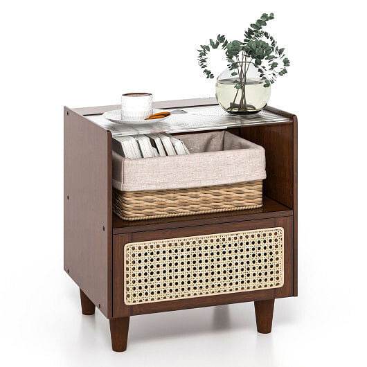 Bamboo Rattan Nightstand with Drawer and Solid Wood Legs-Natural - Loft&Timber