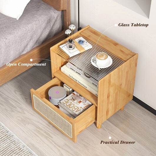 Bamboo Rattan Nightstand with Drawer and Solid Wood Legs-Natural - Loft&Timber
