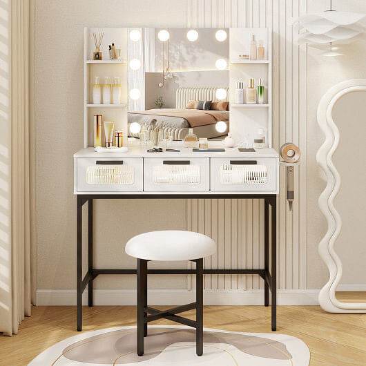 Bedroom Makeup Vanity Desk with Hollywood Mirror and Lights-White - Loft&Timber