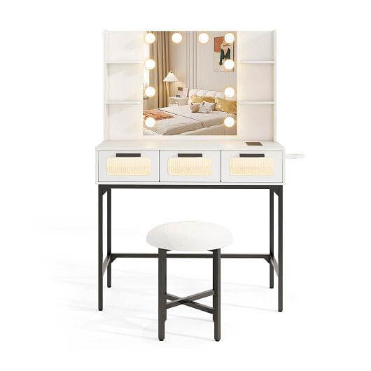 Bedroom Makeup Vanity Desk with Hollywood Mirror and Lights-White - Loft&Timber