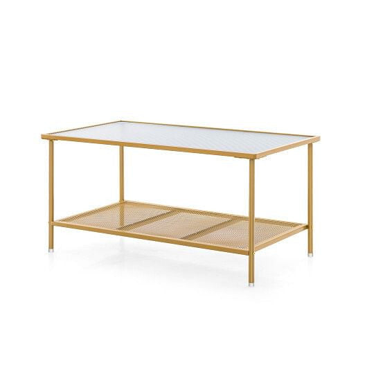 2-Tier Coffee Table with Shelf Center Tea Table with Tempered Glass Top-Golden-4