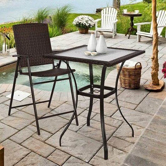 28.5 Inch Outdoor Patio Square Glass Top Table with Rattan Edging - Loft&Timber