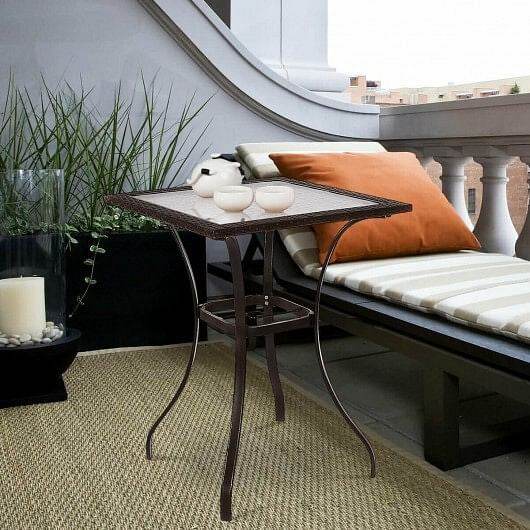 28.5 Inch Outdoor Patio Square Glass Top Table with Rattan Edging - Loft&Timber