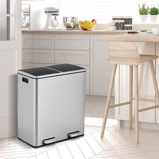 16 Gallon Dual Step Trash Can Recycling Double Bucket Pedal-Silver - Loft&Timber