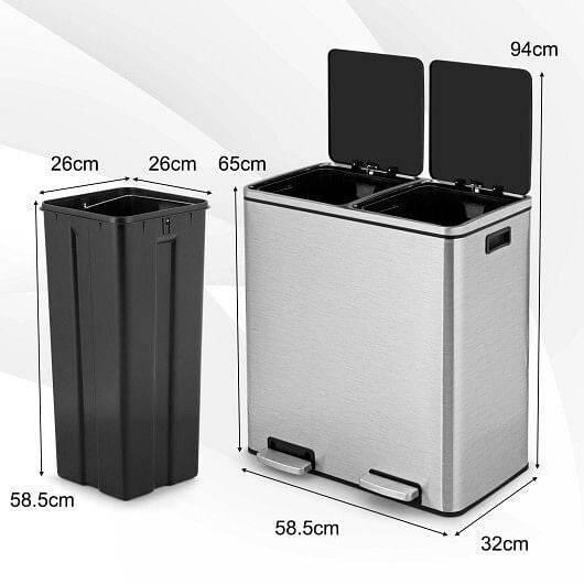 16 Gallon Dual Step Trash Can Recycling Double Bucket Pedal-Silver - Loft&Timber