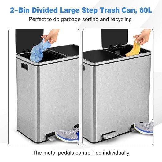 16 Gallon Dual Step Trash Can Recycling Double Bucket Pedal-Silver - Loft&Timber