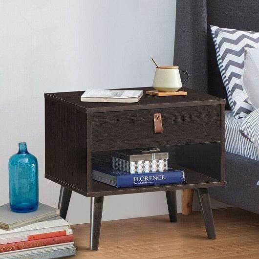 Nightstand Bedroom Table with Drawer Storage Shelf-Brown - Loft&Timber