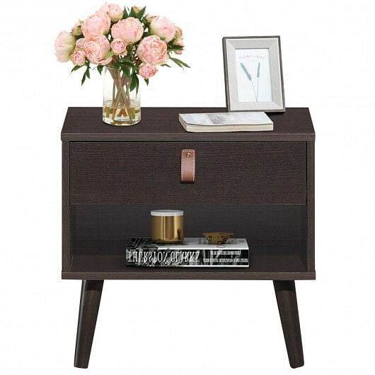 Nightstand Bedroom Table with Drawer Storage Shelf-Brown - Loft&Timber