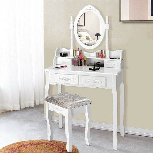 Vanity Table Set with Oval Mirror and 4 Drawers - Loft&Timber