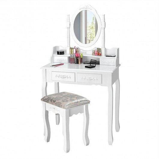 Vanity Table Set with Oval Mirror and 4 Drawers - Loft&Timber