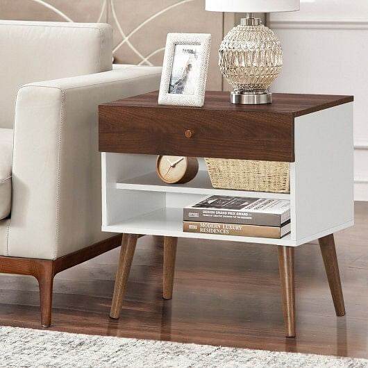 Mid-Century Nightstand with Drawer and Rubber Wood Legs - Loft&Timber