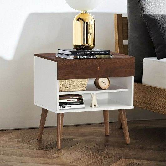 Mid-Century Nightstand with Drawer and Rubber Wood Legs - Loft&Timber