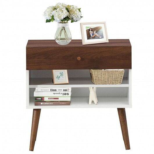 Mid-Century Nightstand with Drawer and Rubber Wood Legs - Loft&Timber
