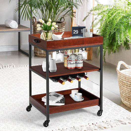 3 Tiers Kitchen Island Serving Bar Cart with Glasses Holder and Wine Bottle Rack - Loft&Timber