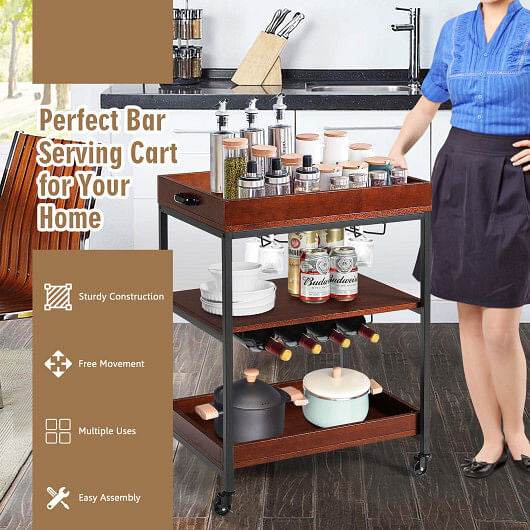3 Tiers Kitchen Island Serving Bar Cart with Glasses Holder and Wine Bottle Rack - Loft&Timber