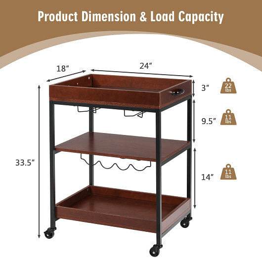 3 Tiers Kitchen Island Serving Bar Cart with Glasses Holder and Wine Bottle Rack - Loft&Timber