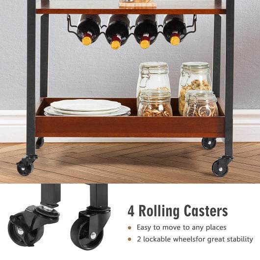 3 Tiers Kitchen Island Serving Bar Cart with Glasses Holder and Wine Bottle Rack - Loft&Timber
