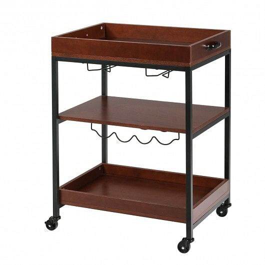 3 Tiers Kitchen Island Serving Bar Cart with Glasses Holder and Wine Bottle Rack - Loft&Timber