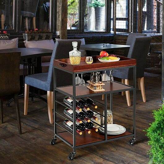 3 Tiers Storage Bar Serving Cart with Wine Rack - Loft&Timber
