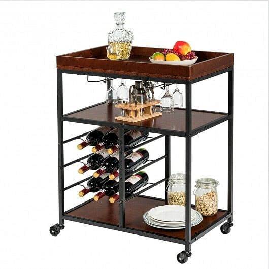 3 Tiers Storage Bar Serving Cart with Wine Rack - Loft&Timber
