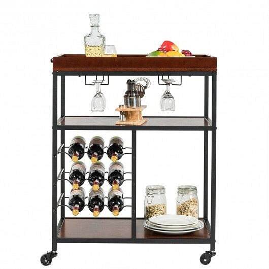 3 Tiers Storage Bar Serving Cart with Wine Rack - Loft&Timber