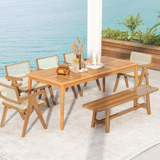8-Person Outdoor Acacia Wood Dining Rectangular Bistro Table with Umbrella Hole-1