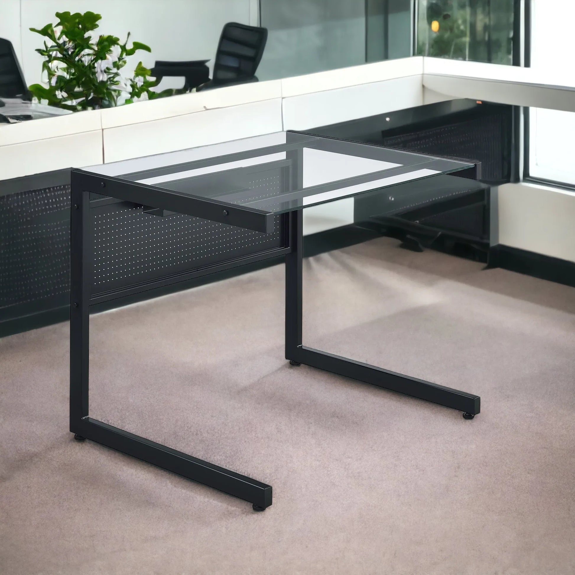 HMS 33" Clear and Black Glass Computer Desk with Stainless Steel Writing Surface - Loft&Timber