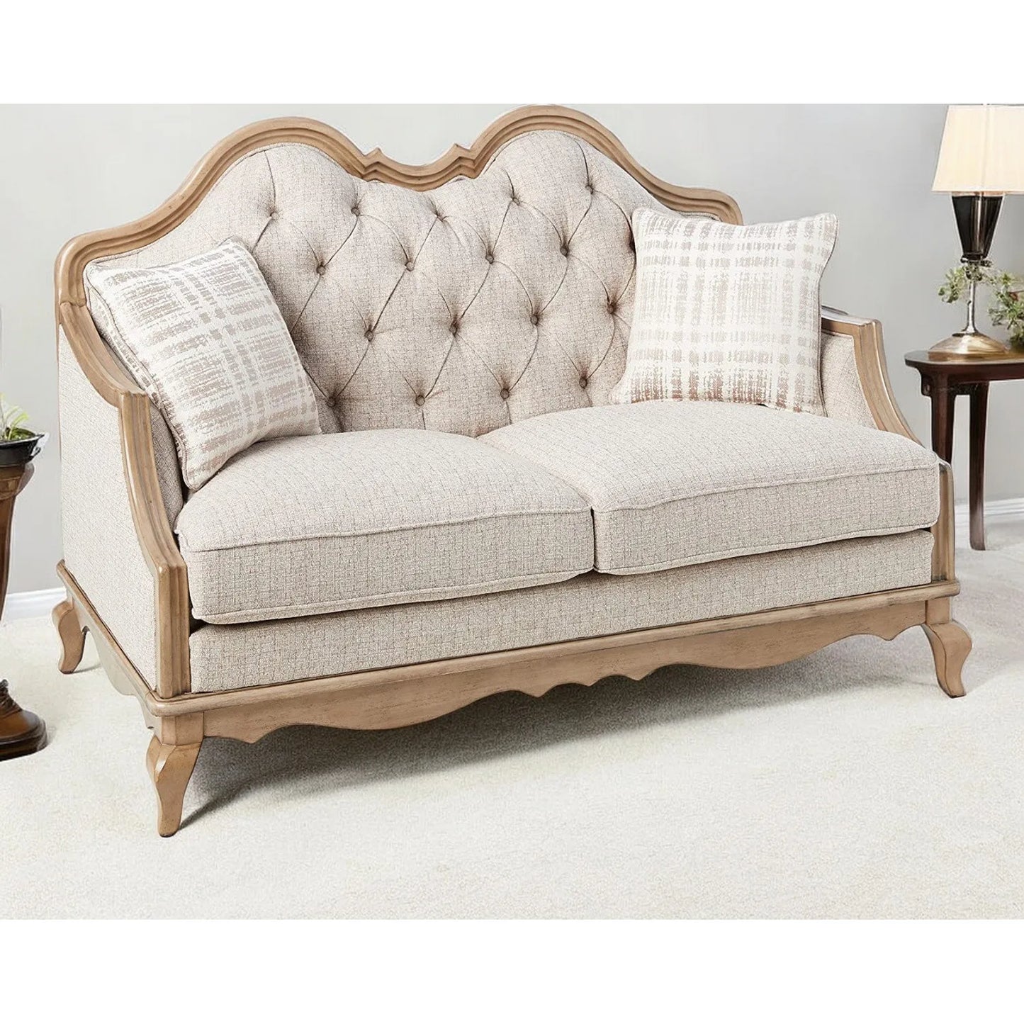 HMS 62" Beige and Brown Linen Chesterfield Loveseat and Toss Pillows - Loft&Timber