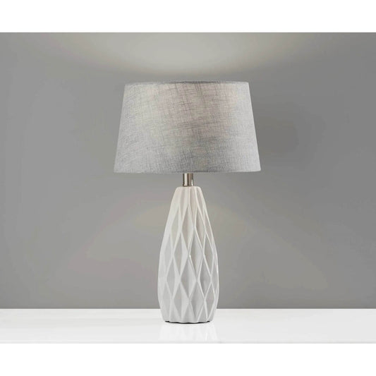 Set of Two 23\" White Ceramic Bedside Lamps with Gray Drum Shade HMS Table Lamps - Loft&Timber
