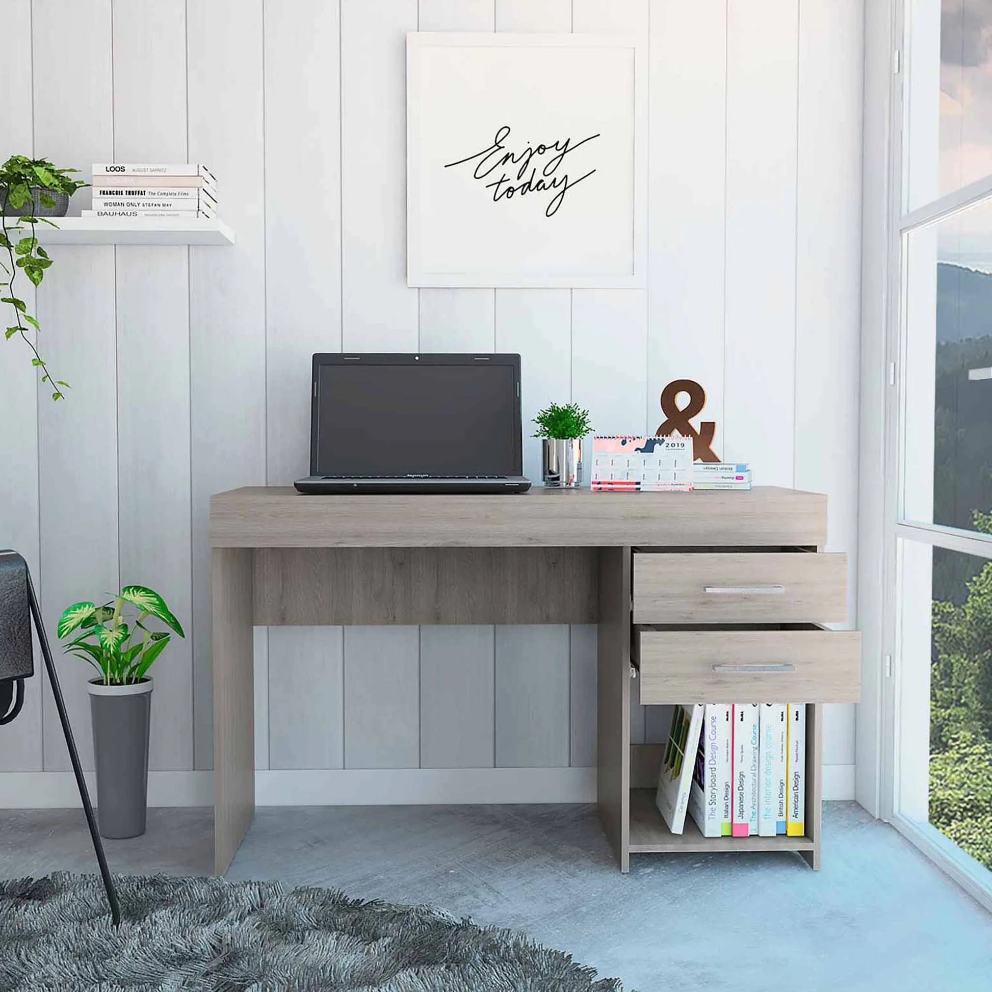 HMS Traditional Style Light Gray 47" Computer Desk Melamine Wood with Two Drawers - Loft&Timber