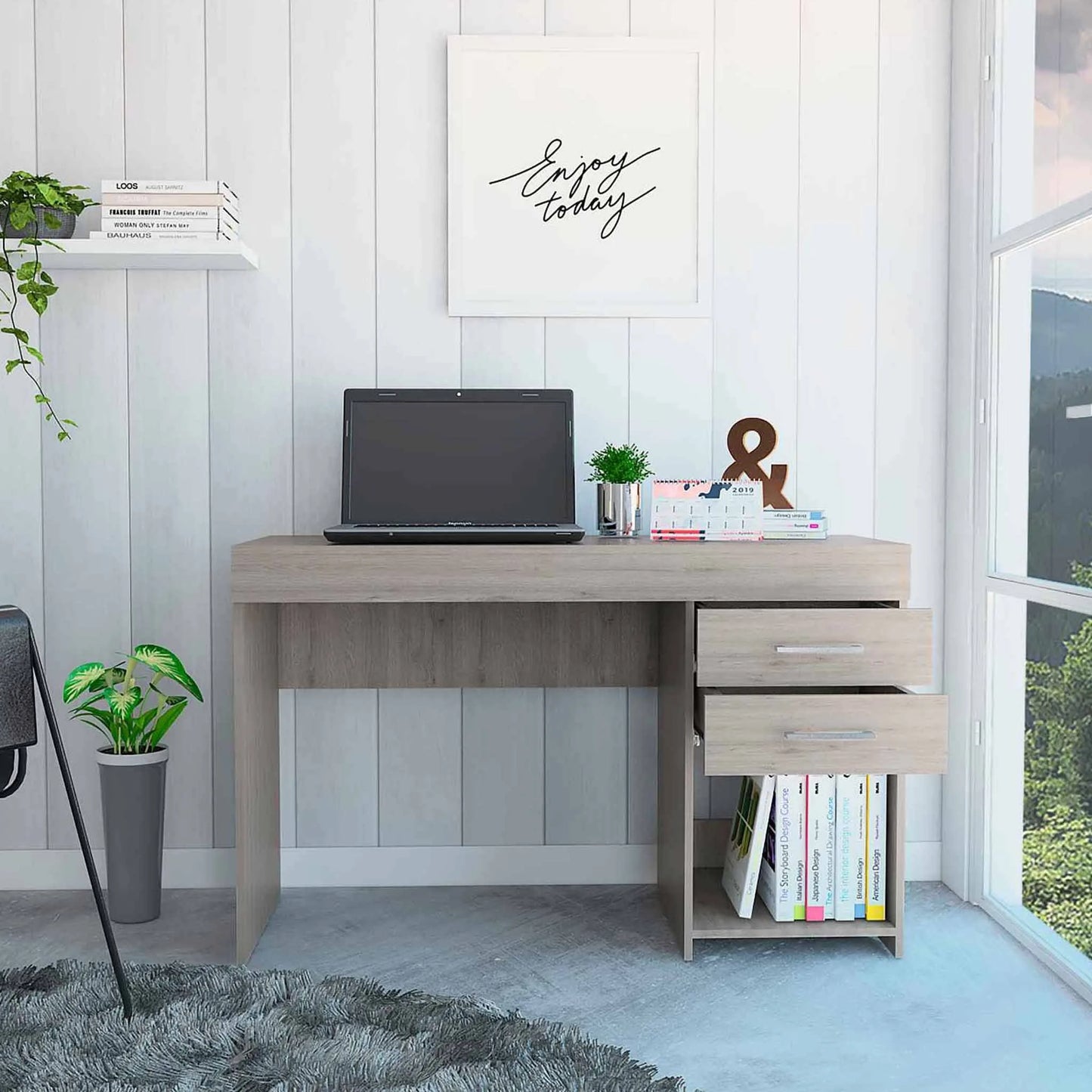 HMS Traditional Style Light Gray 47" Computer Desk Melamine Wood with Two Drawers - Loft&Timber