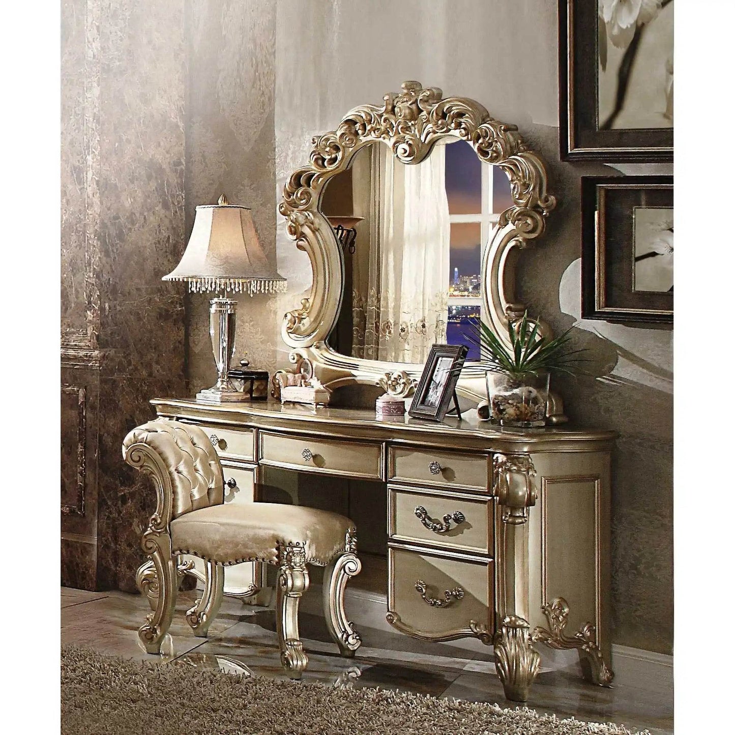 HMS Carved Gold Patina Finish Desk Vanity Dressing Table - Loft&Timber