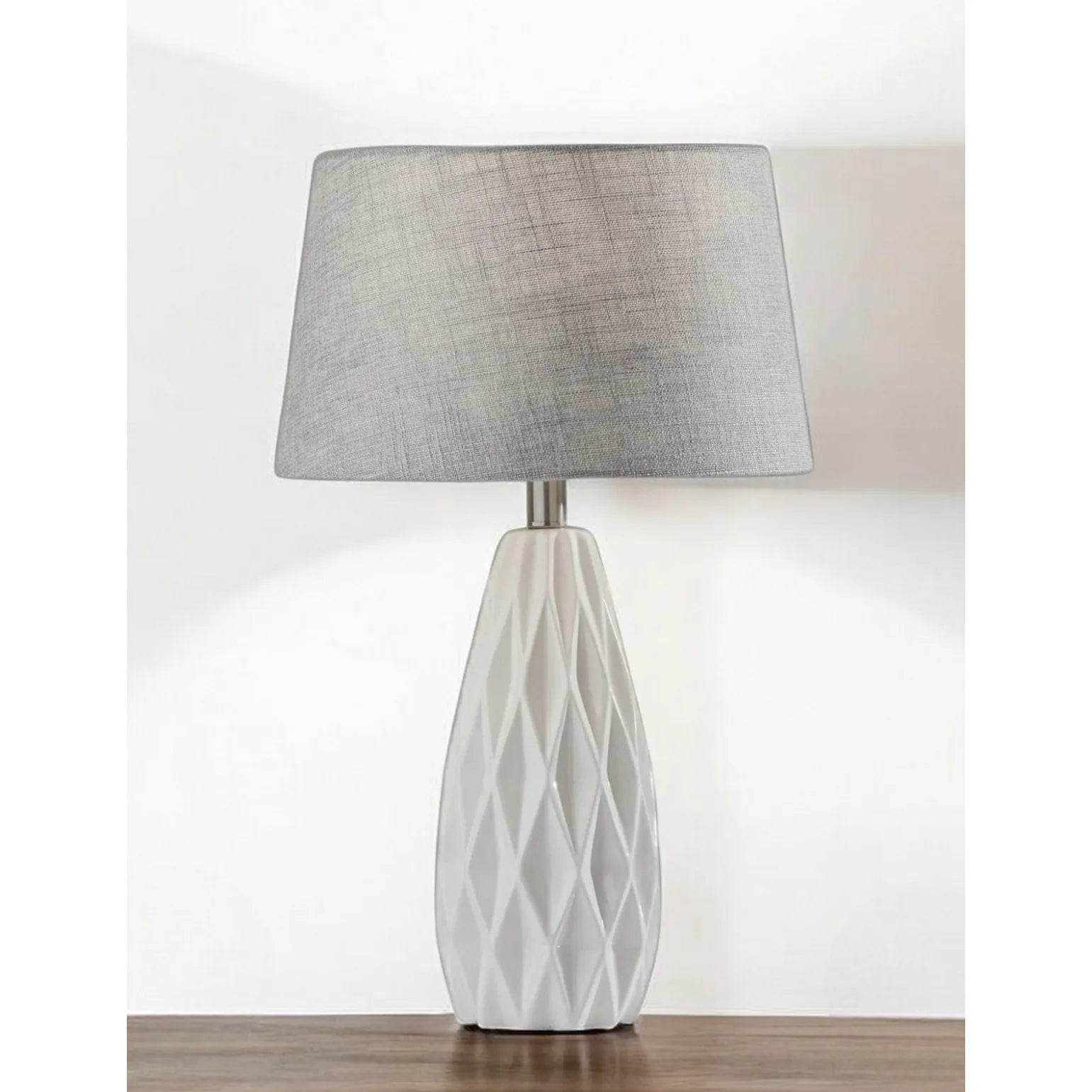 Set of Two 23\" White Ceramic Bedside Lamps with Gray Drum Shade HMS Table Lamps - Loft&Timber
