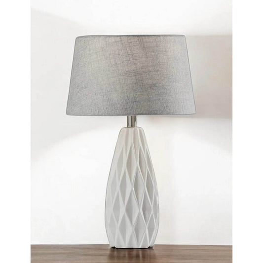 Set of Two 23\" White Ceramic Bedside Lamps with Gray Drum Shade HMS Table Lamps - Loft&Timber