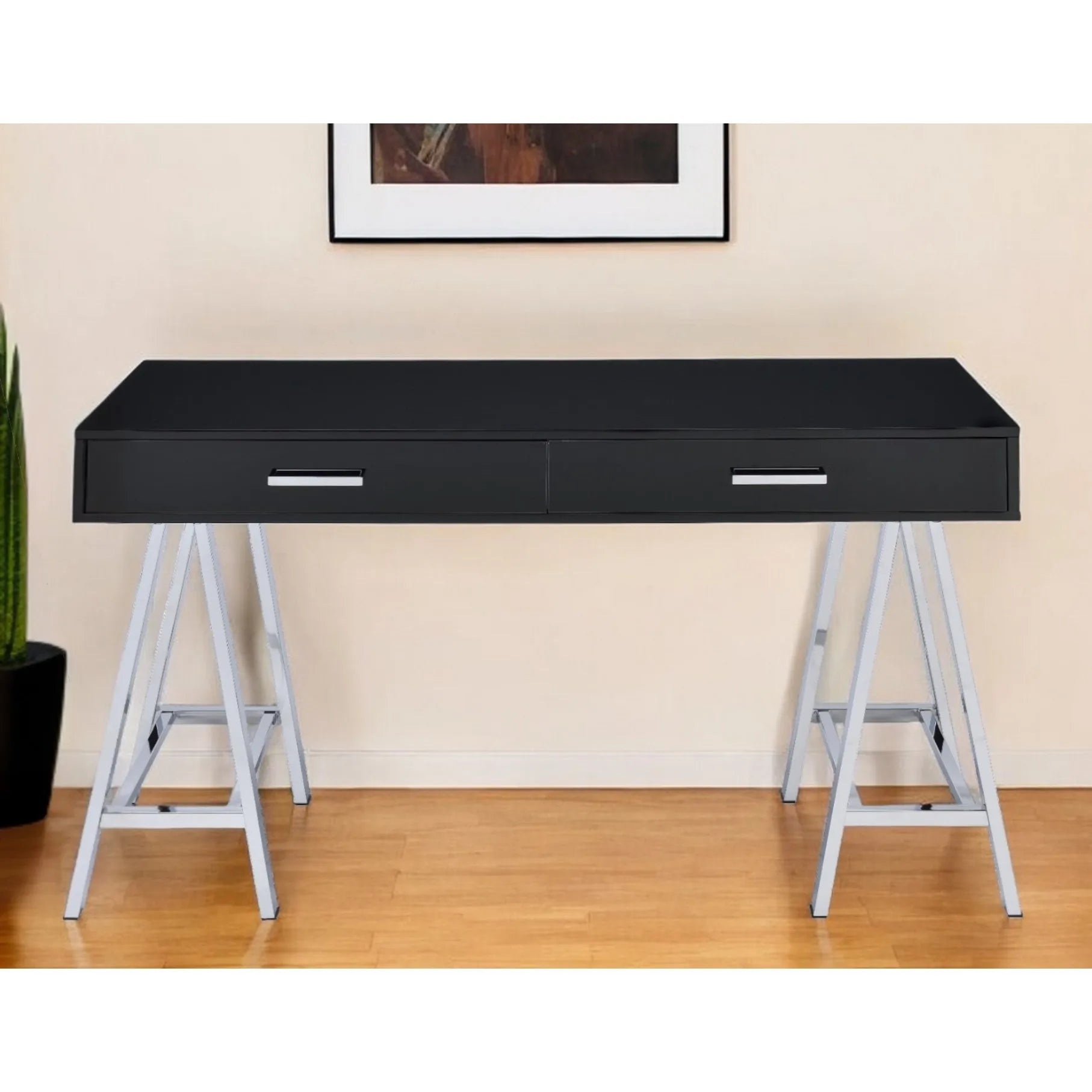 HMS 54" Black and Silvering Desk with Two Wooden Drawers - Loft&Timber