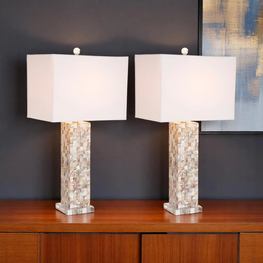 Set of Two 28" Beige Mother of Pearl Table Lamps with White Shade HMS Lighting - Loft&Timber