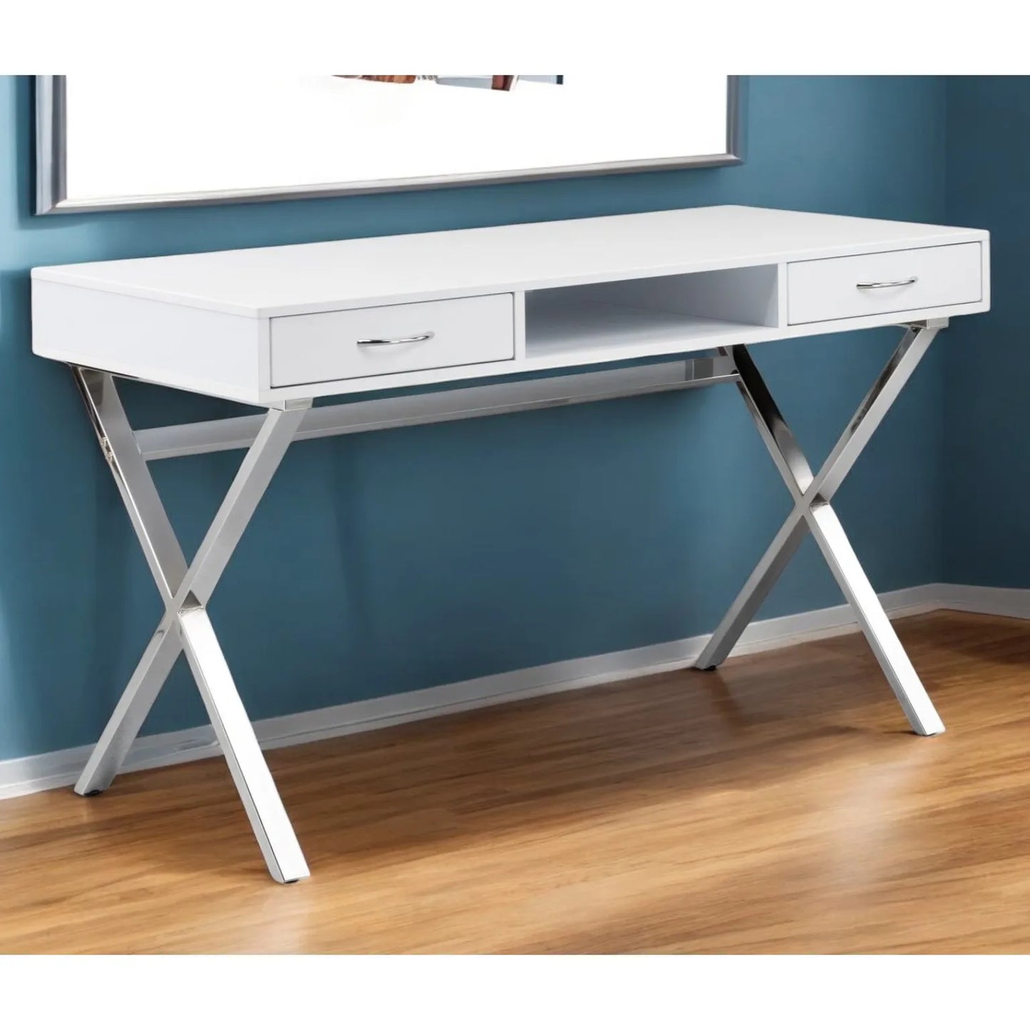 HMS 47" White and Silver Wood and Metal Computer Desk with Two Drawers - Loft&Timber
